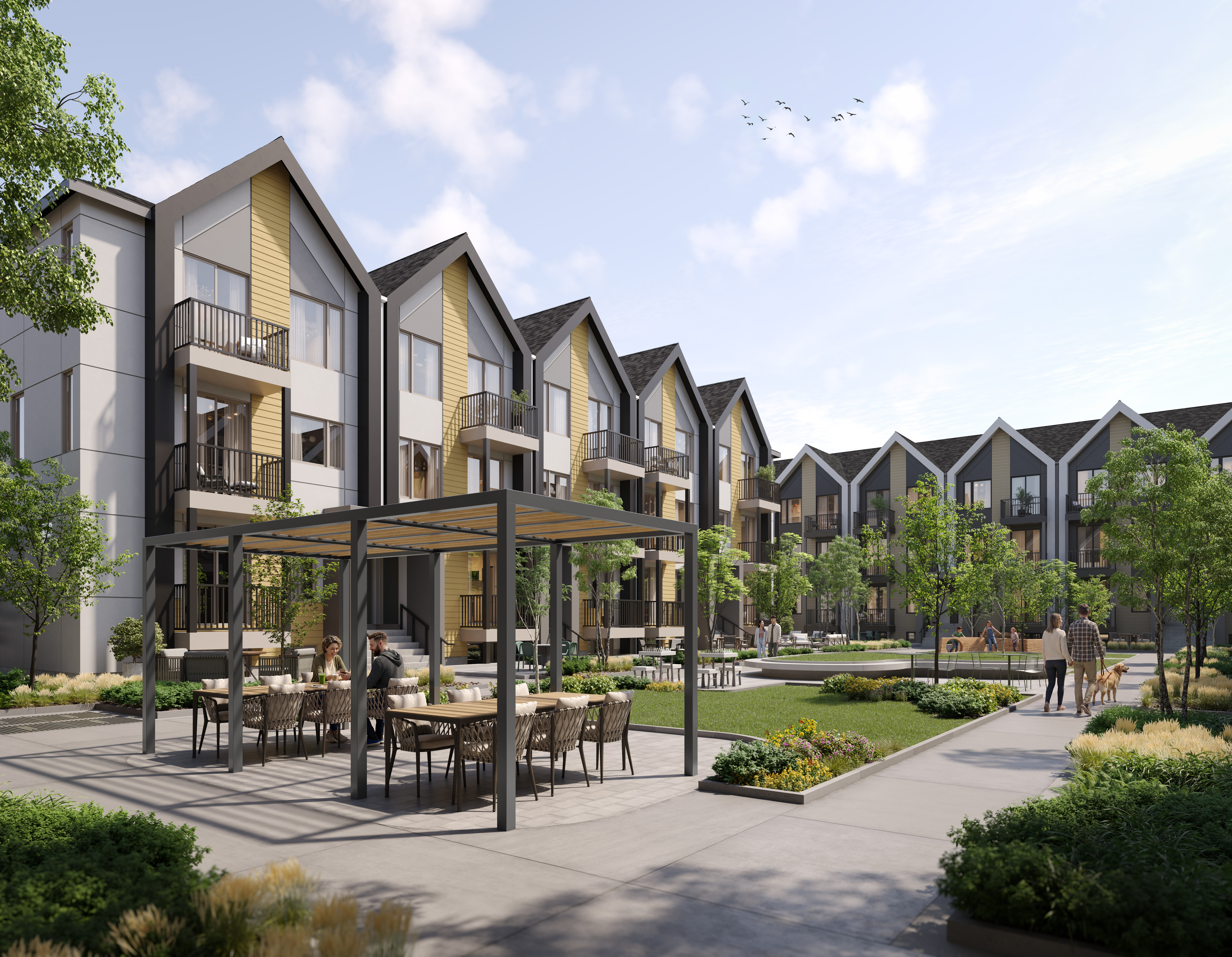Aura Lakeview Village community courtyard and townhome exteriors by Caivan