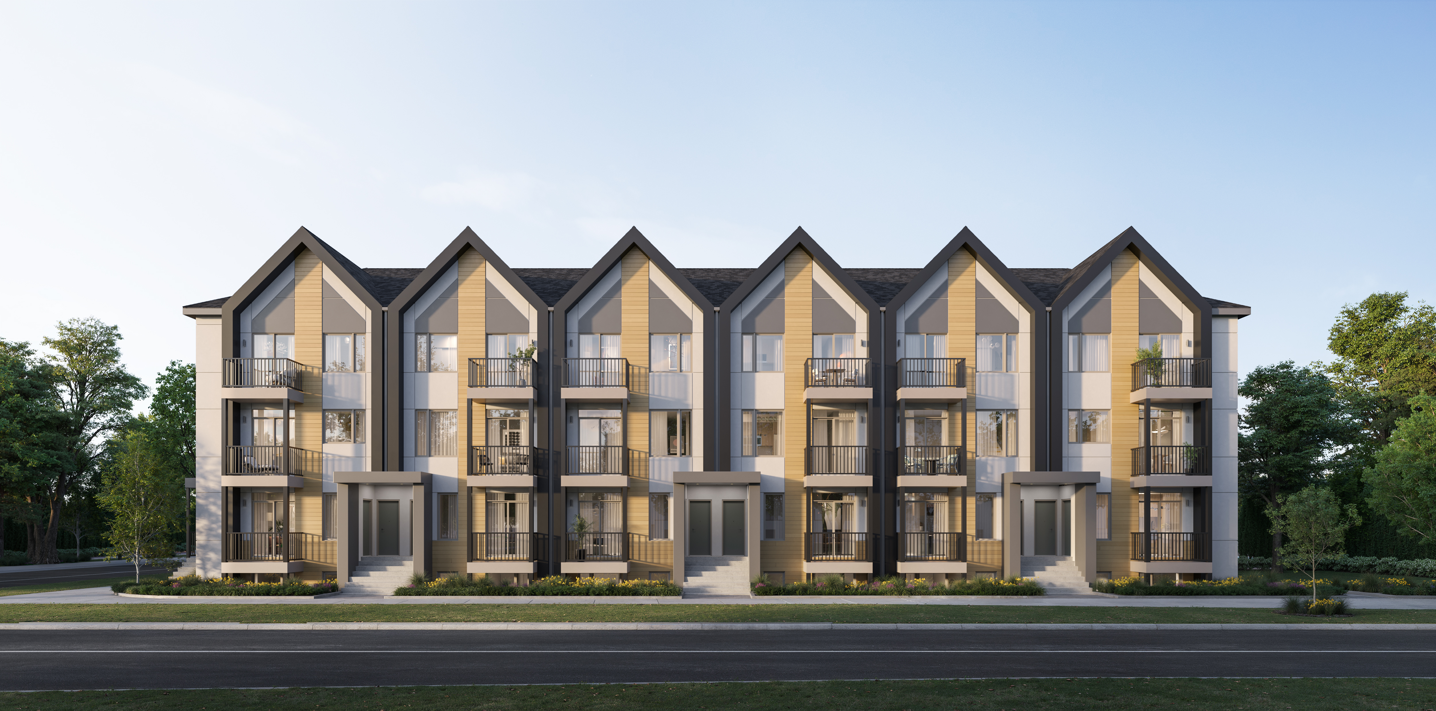 Aura Lakeview Village townhome exterior architecture by Caivan Homes