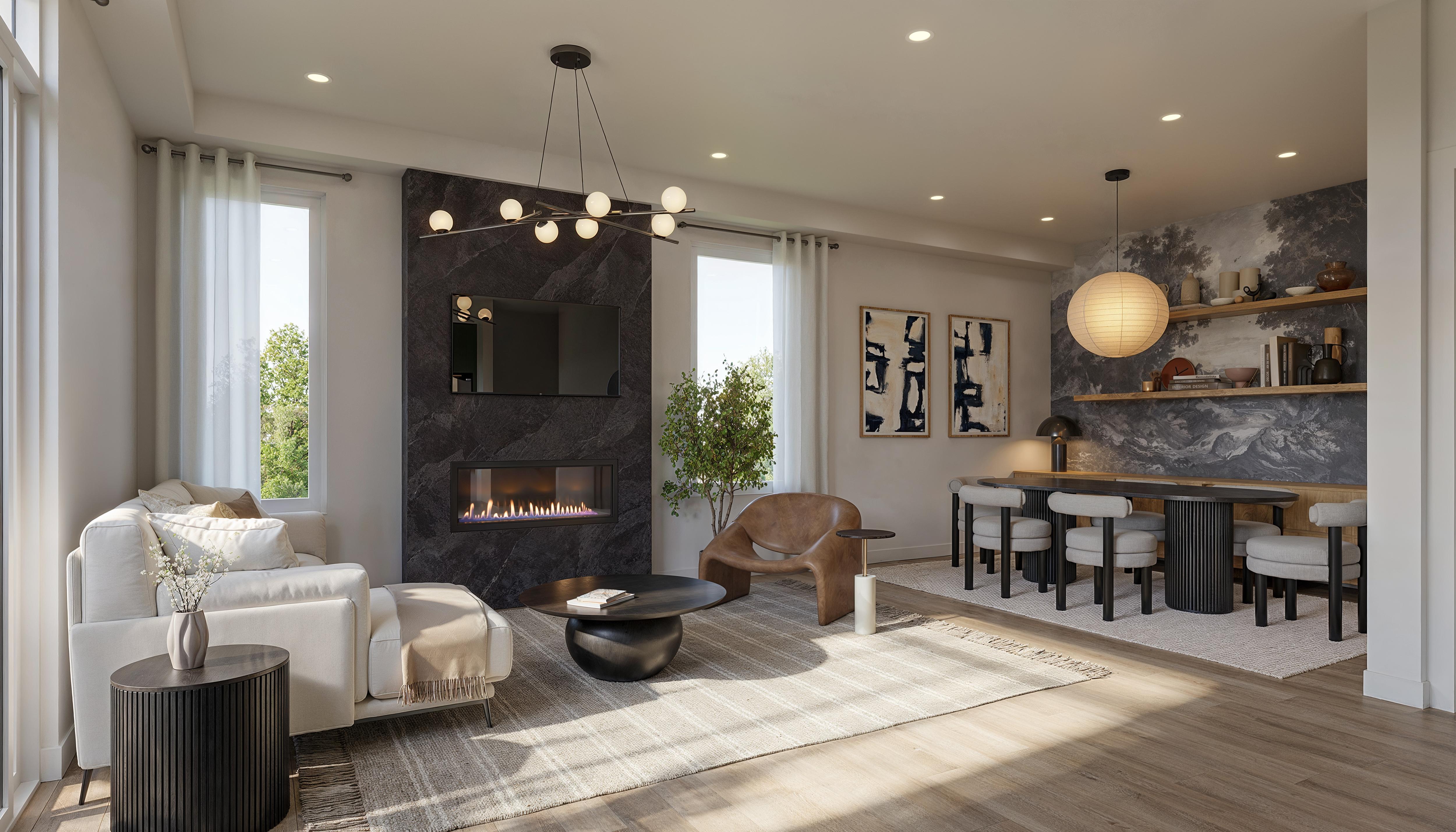 Open concept living room at Aura Lakeview Village upper residence